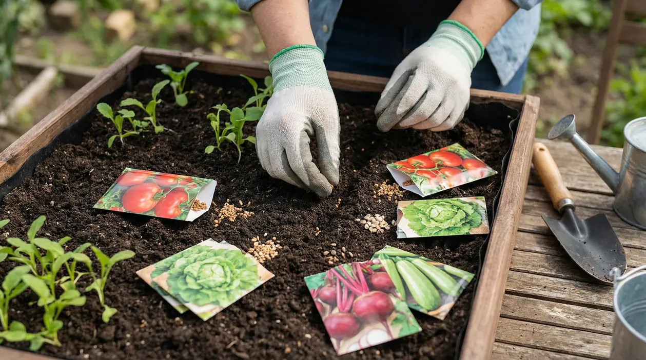 Mani con guanti che piantano semi in un orto rialzato con bustine di ortaggi