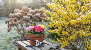 Un cespuglio di forsythia in fiore con neve, accanto a un banco da giardinaggio con vaso di primule