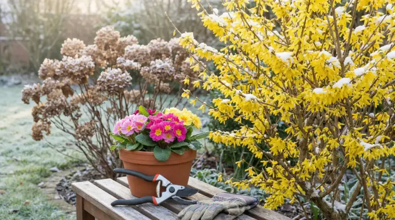 Un cespuglio di forsythia in fiore con neve, accanto a un banco da giardinaggio con vaso di primule