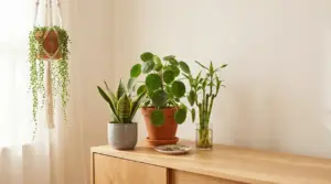 Piante verdi da interno posizionate su un mobile in legno secondo il feng shui