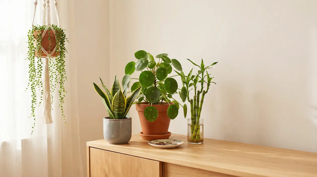 Piante verdi da interno posizionate su un mobile in legno secondo il feng shui