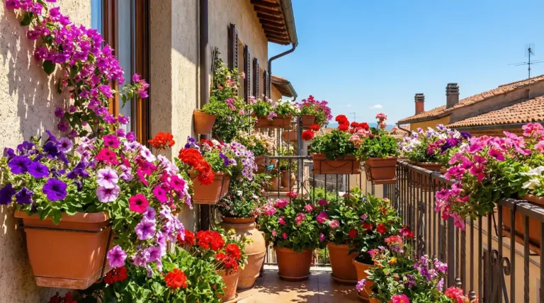 Balcone soleggiato con vasi di fiori colorati resistenti al caldo