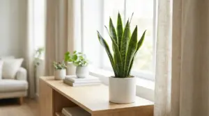 Pianta di sansevieria in vaso bianco posizionata vicino a una finestra luminosa