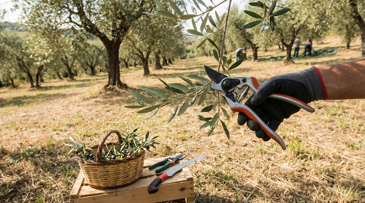 Persona pota un ramo di ulivo con cesoie in un oliveto