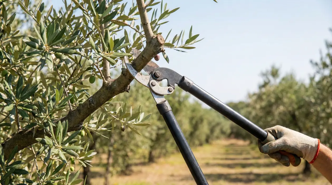 Potatura di un ramo di ulivo con cesoie a due mani in un uliveto.