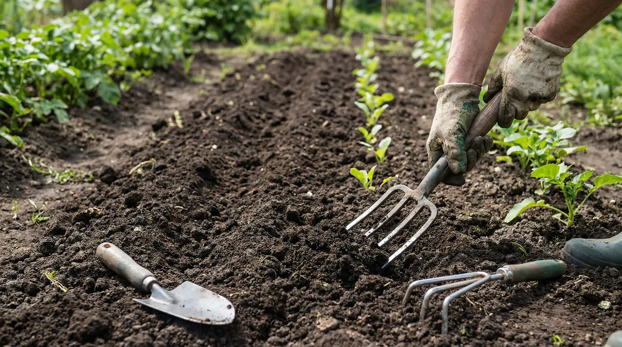 Mani guantate lavorano un terreno da orto con attrezzi da giardinaggio in vista di semine primaverili