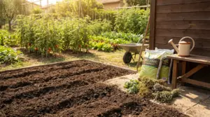 Orto con terreno preparato, compost biologico e piante aromatiche accanto a una casetta di legno