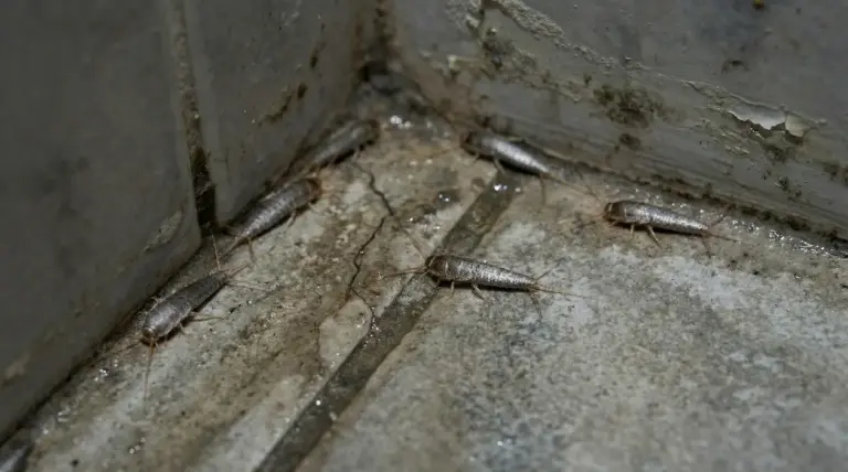 Pesciolini d'argento su una superficie umida e sporca in un angolo di casa