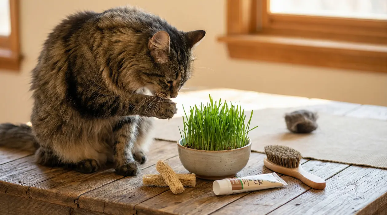 Gatto a pelo lungo vicino a una ciotola di erba gatta su un tavolo con prodotti per la cura del pelo