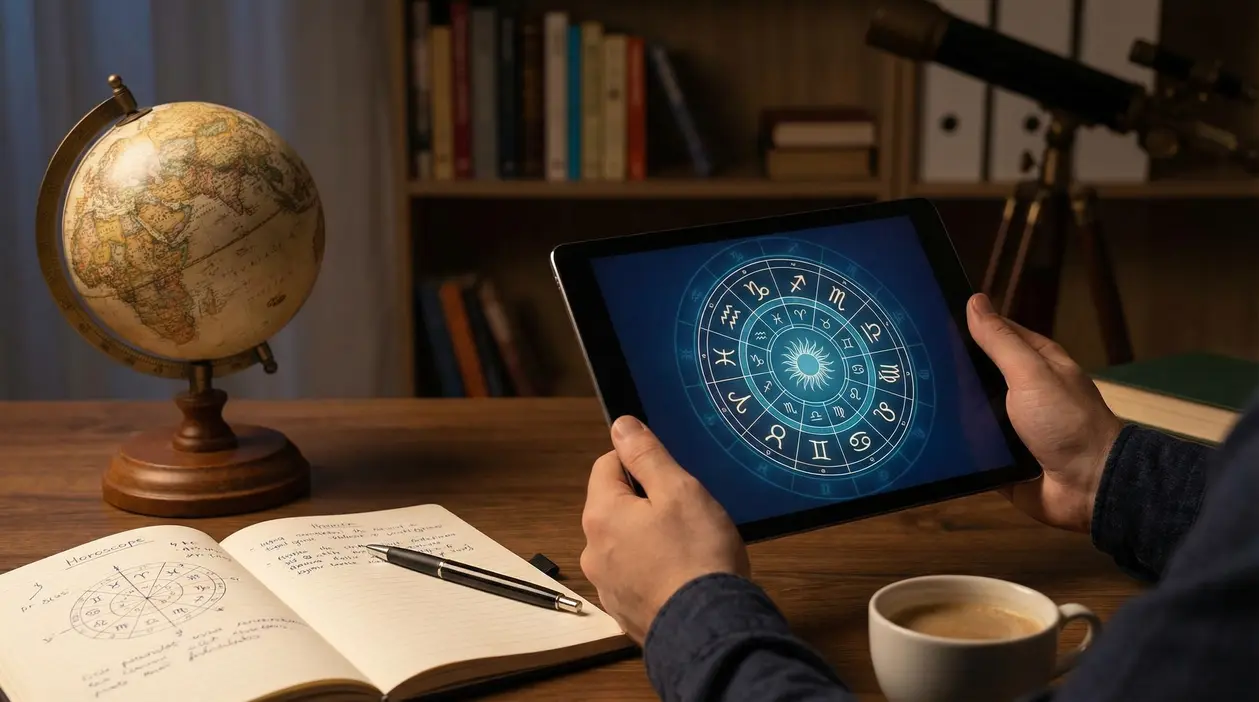 Persona che consulta un oroscopo su tablet con simboli zodiacali, vicino a un taccuino, un globo e una tazza di caffè