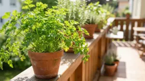 Vaso di prezzemolo rigoglioso su un balcone soleggiato con altre piante aromatiche