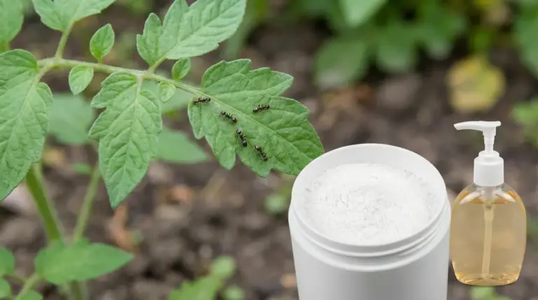 Formiche su una foglia in giardino con contenitori di borotalco e sapone liquido