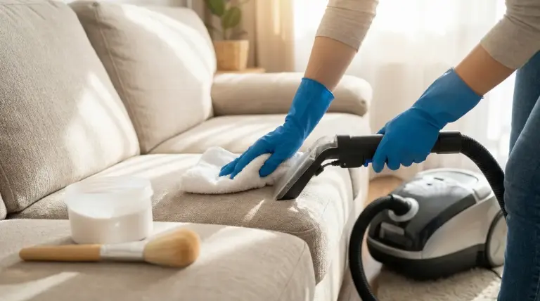 Persona pulisce un divano chiaro con aspirapolvere e panno, indossando guanti blu