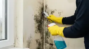 Persona con guanti gialli pulisce la muffa da una parete con spazzola e detergente spray