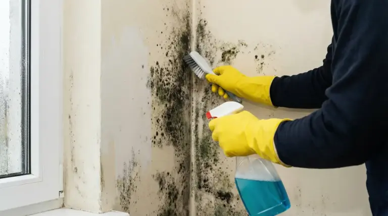 Persona con guanti gialli pulisce la muffa da una parete con spazzola e detergente spray