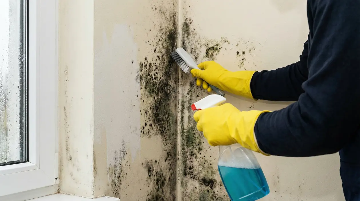 Persona con guanti gialli pulisce la muffa da una parete con spazzola e detergente spray