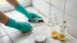 Mani con guanti che puliscono piastrelle e fughe con rimedi naturali