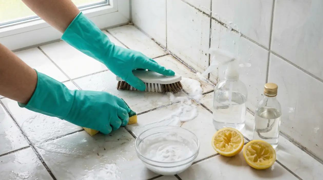Mani con guanti che puliscono piastrelle e fughe con rimedi naturali