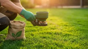 Persona che sparge concime su un prato verde con uno spargitore manuale