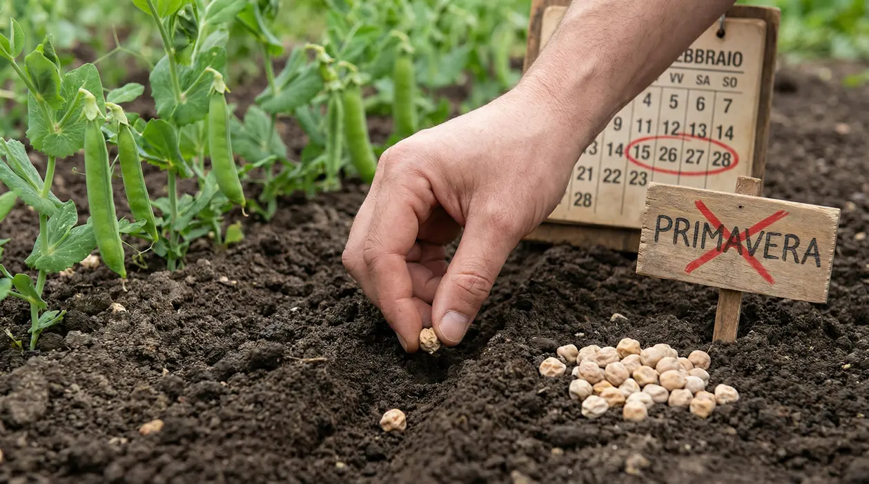 Mano che semina piselli in un orto accanto a piante di pisello già cresciute