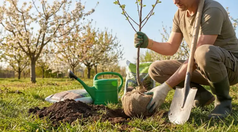 Persona che pianta un giovane albero da frutto in un frutteto primaverile.