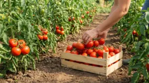 Una persona raccoglie pomodori maturi da piante coltivate in un orto.