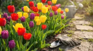 Tulipani colorati in un giardino con guanti e paletta da giardinaggio sul terreno