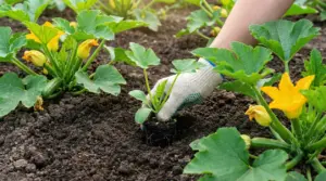 Una mano con guanto pianta una giovane piantina di zucchina in un orto