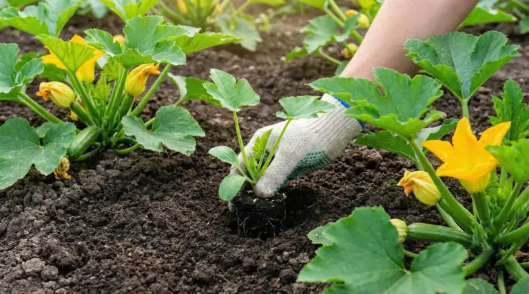 Una mano con guanto pianta una giovane piantina di zucchina in un orto