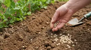 Mano che semina piselli in un orto con terreno lavorato