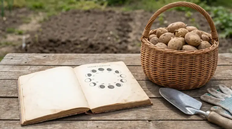 Cestino di patate su un tavolo di legno accanto a un libro aperto e utensili da giardinaggio