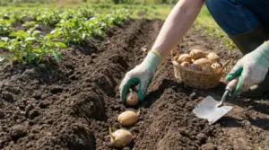 Persona che pianta patate germogliate in un orto con terreno ben lavorato