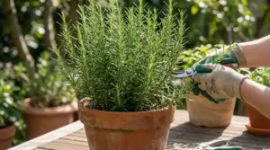 Potatura di una pianta di rosmarino in vaso su un tavolo da giardino
