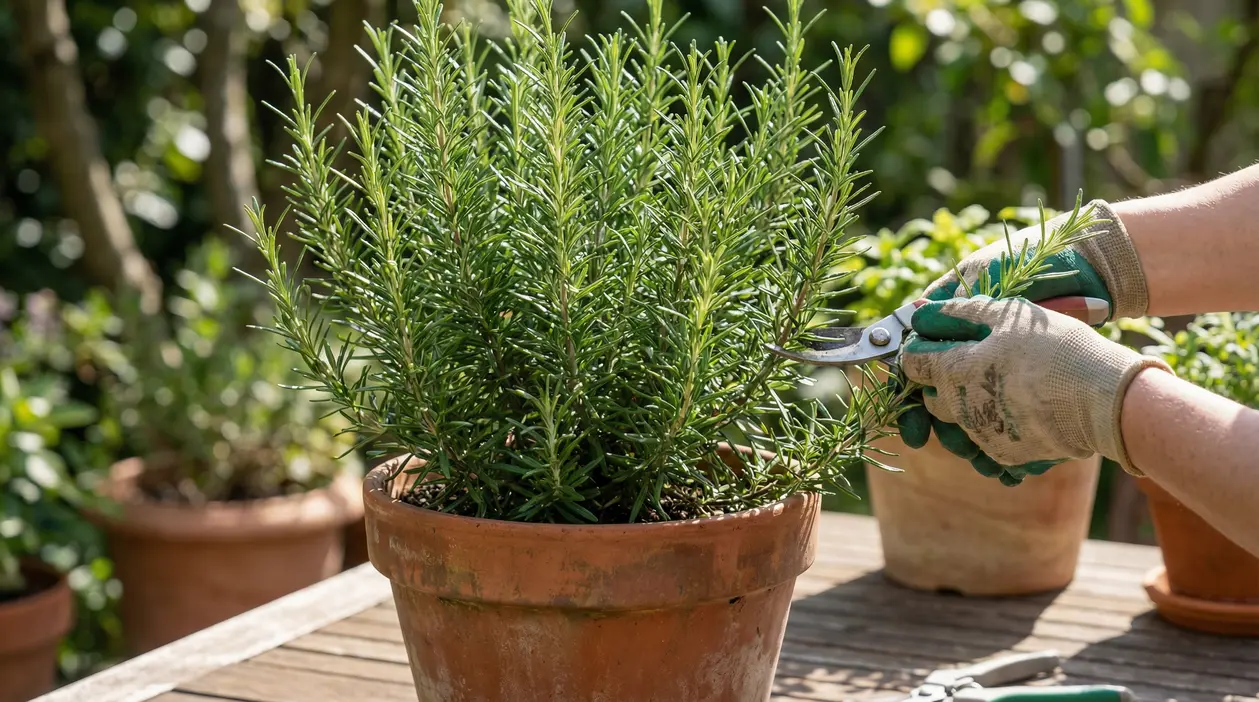 Potatura di una pianta di rosmarino in vaso su un tavolo da giardino