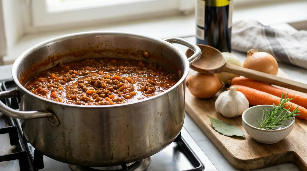 Ragù alla bolognese che cuoce in una pentola sul fornello con ingredienti freschi sullo sfondo