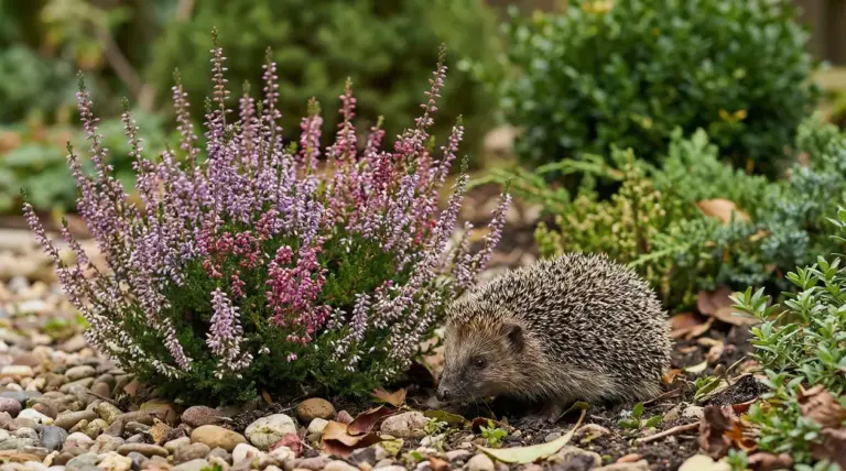 Un riccio accanto a una pianta di erica in un giardino curato