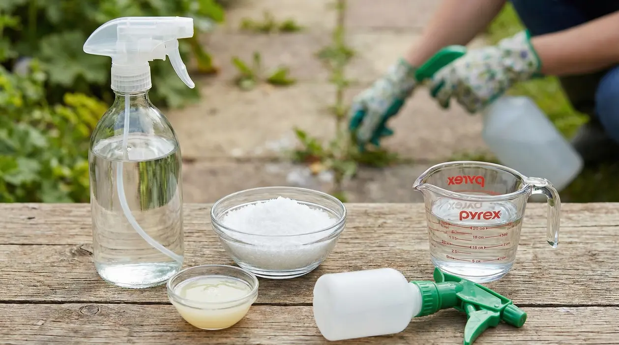 Ingredienti naturali per preparare un diserbante fai-da-te su un tavolo all'aperto