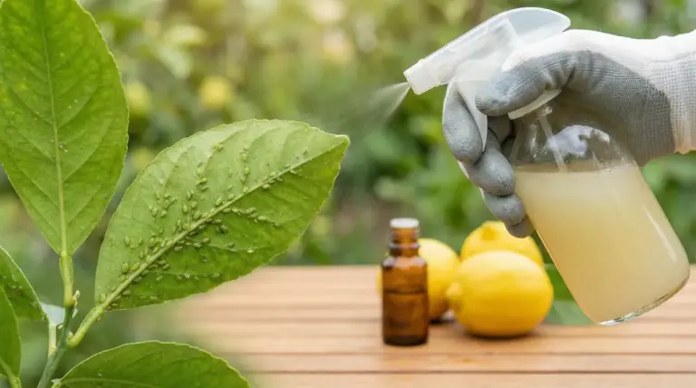 Spray naturale su foglia infestata da afidi in un giardino con limoni sullo sfondo