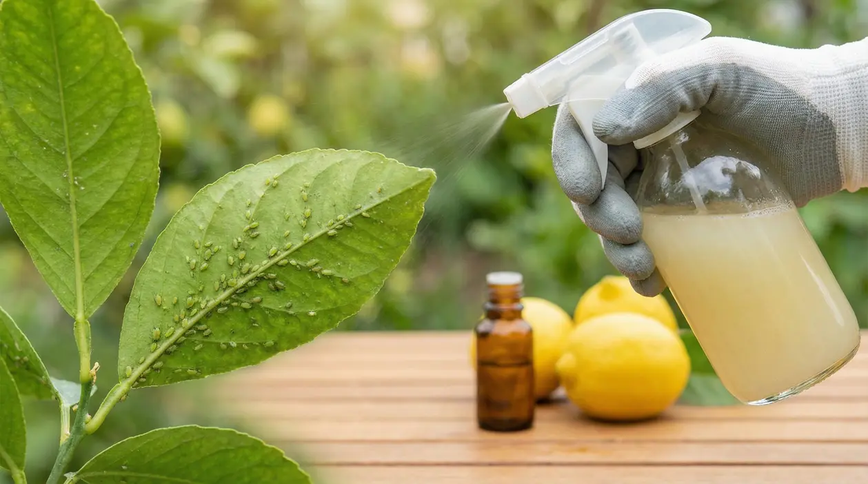 Spray naturale su foglia infestata da afidi in un giardino con limoni sullo sfondo