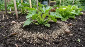 Piantina nell’orto circondata da pepe a terra con lumache intorno