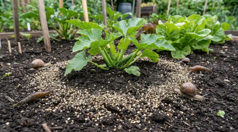 Piantina nell’orto circondata da pepe a terra con lumache intorno