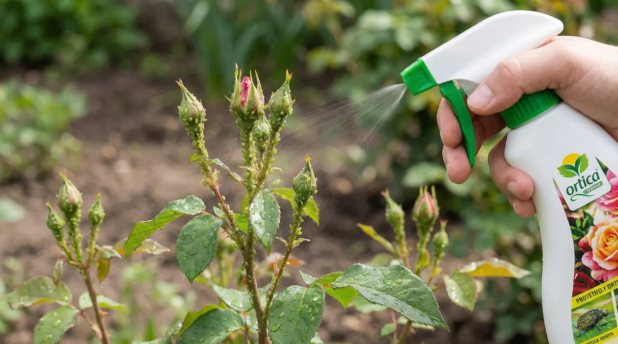 Pianta di rose colpita da afidi trattata con spray naturale
