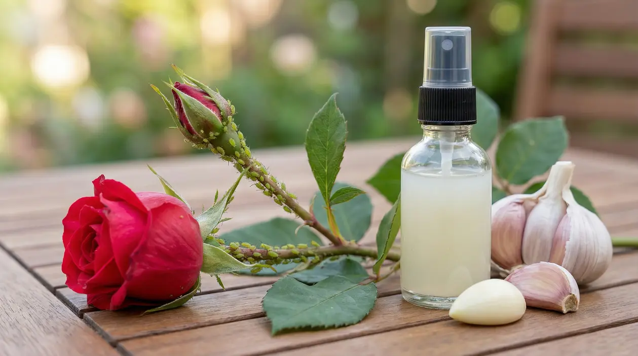 Rosa infestata da pidocchi con rimedio naturale a base di aglio su tavolo in legno