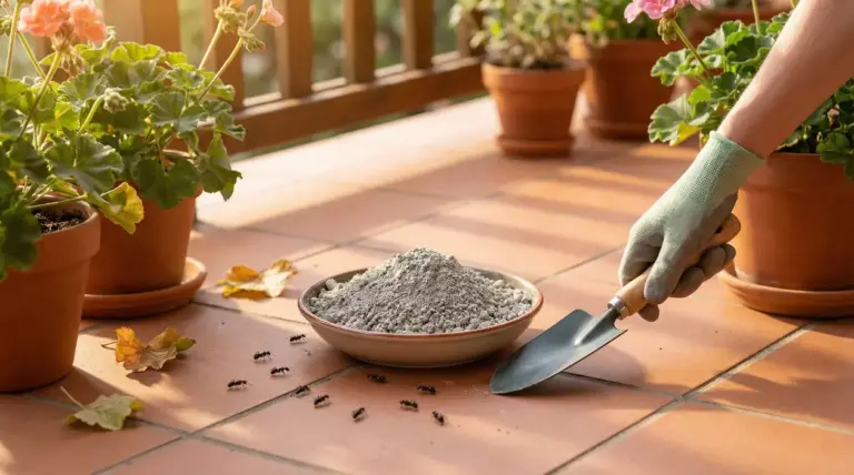 Polvere naturale contro le formiche su un terrazzo con piante in vaso