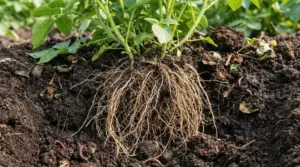 Radici di una pianta ben sviluppate in un terreno umido e fertile