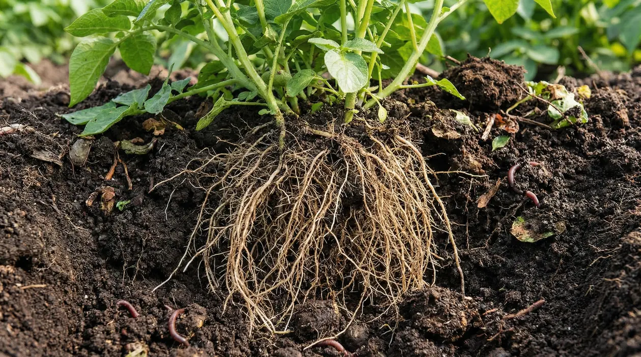 Radici di una pianta ben sviluppate in un terreno umido e fertile