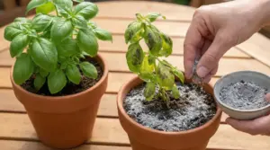 Due piante di basilico in vaso, una sana e una danneggiata, mentre una mano sparge cenere sul terreno