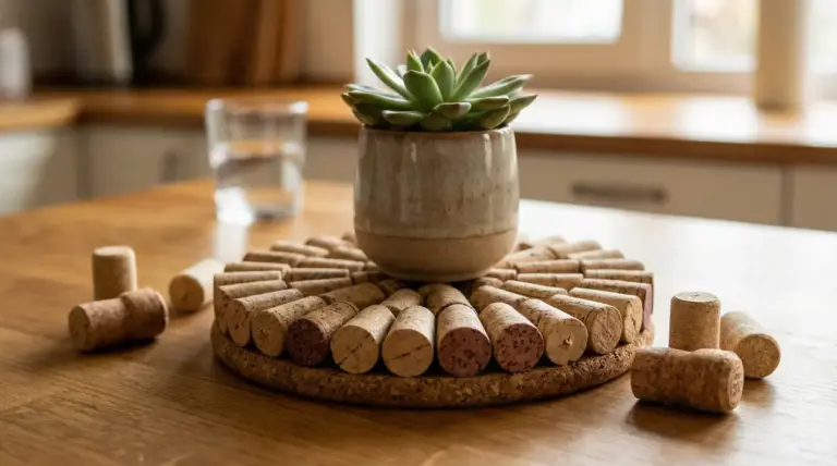 Sottopentola fai-da-te con tappi di sughero e piantina su tavolo di legno