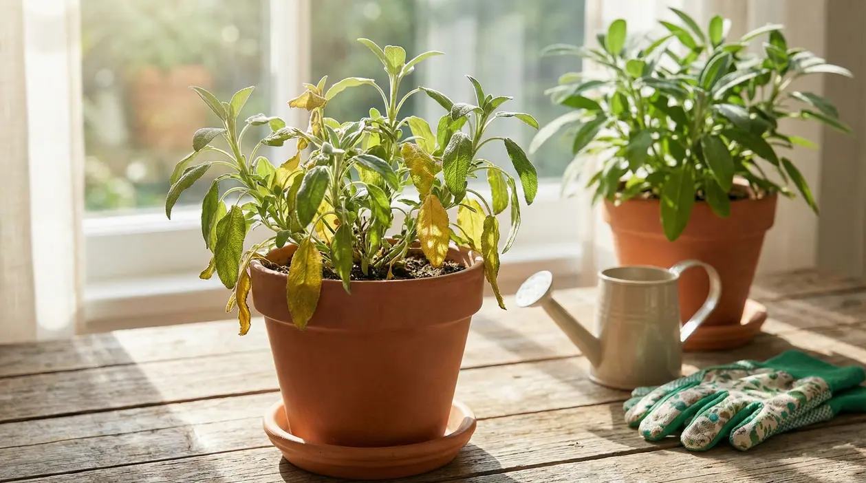 Pianta di salvia in vaso con foglie ingiallite accanto a un annaffiatoio e guanti da giardinaggio