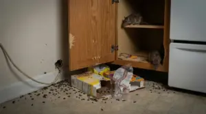 Due roditori all'interno di un mobile della cucina con cibo sparso e escrementi sul pavimento